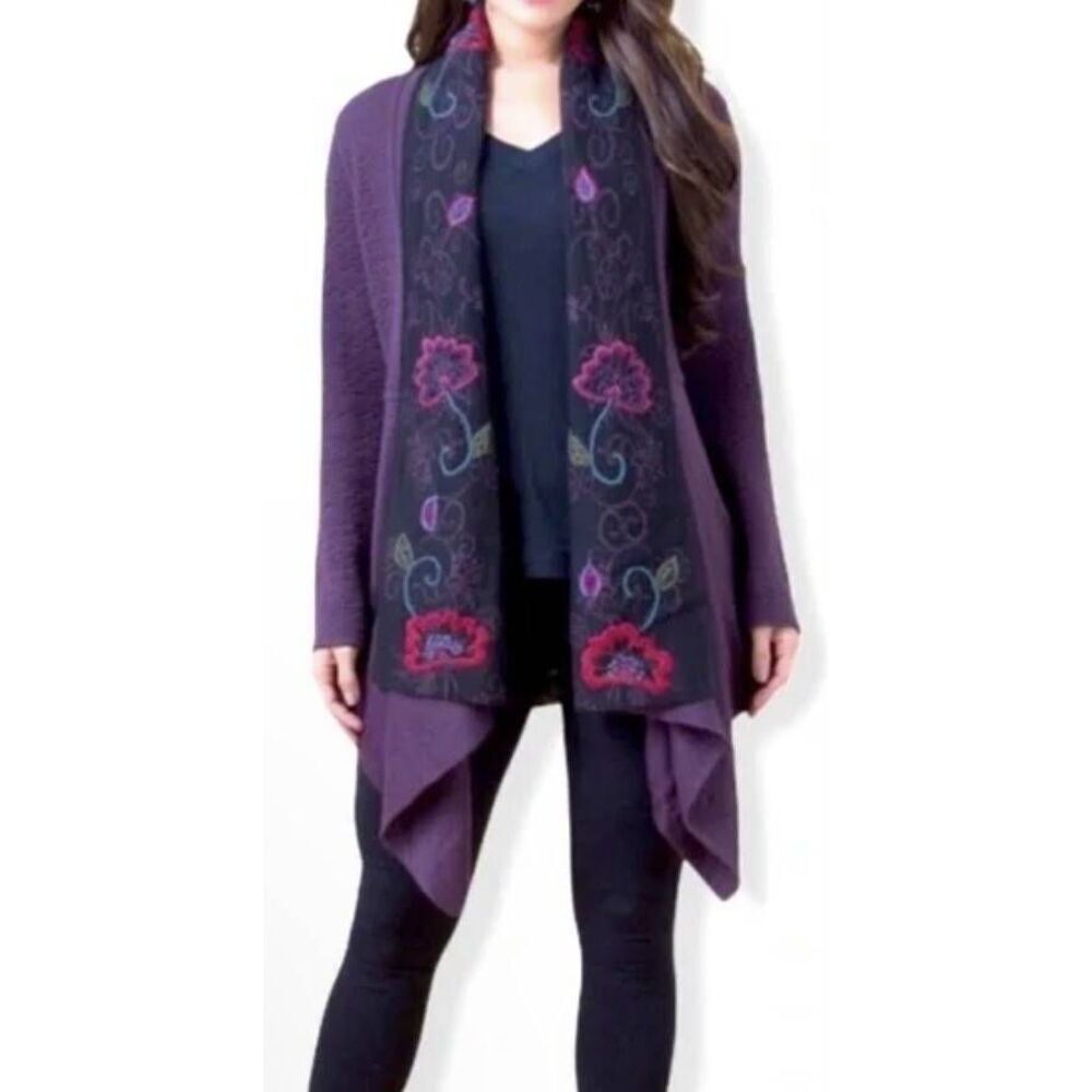 Peruvian Link Alpaca Collection Purple Embroidered Waterfall Cardigan Boho Hippy